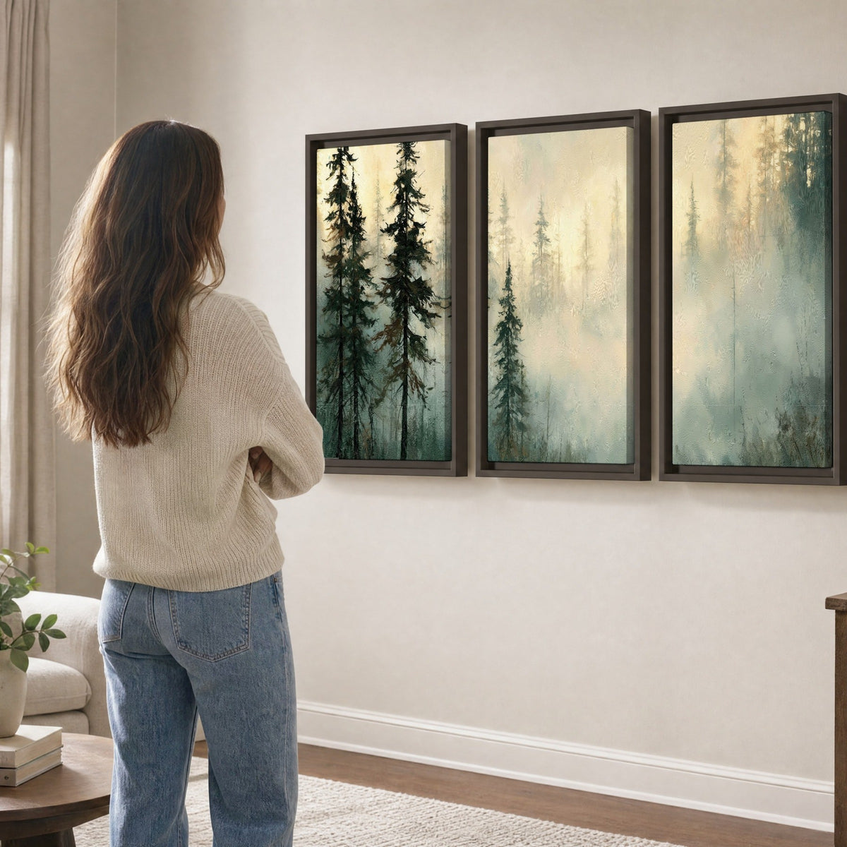 Foggy evergreen forest painting 3 piece framed canvas in a living room