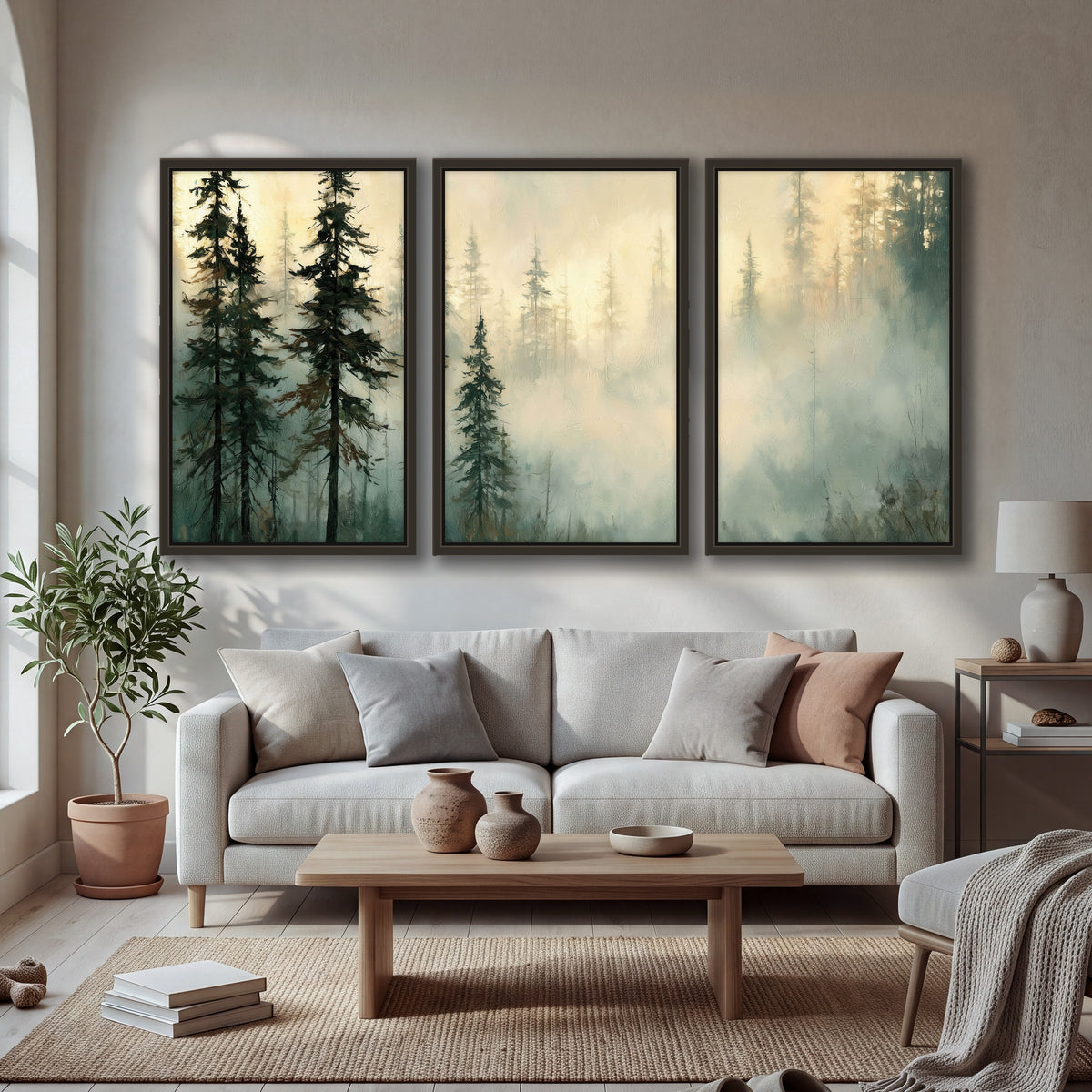 Foggy evergreen forest painting 3 piece framed canvas in a bright living room