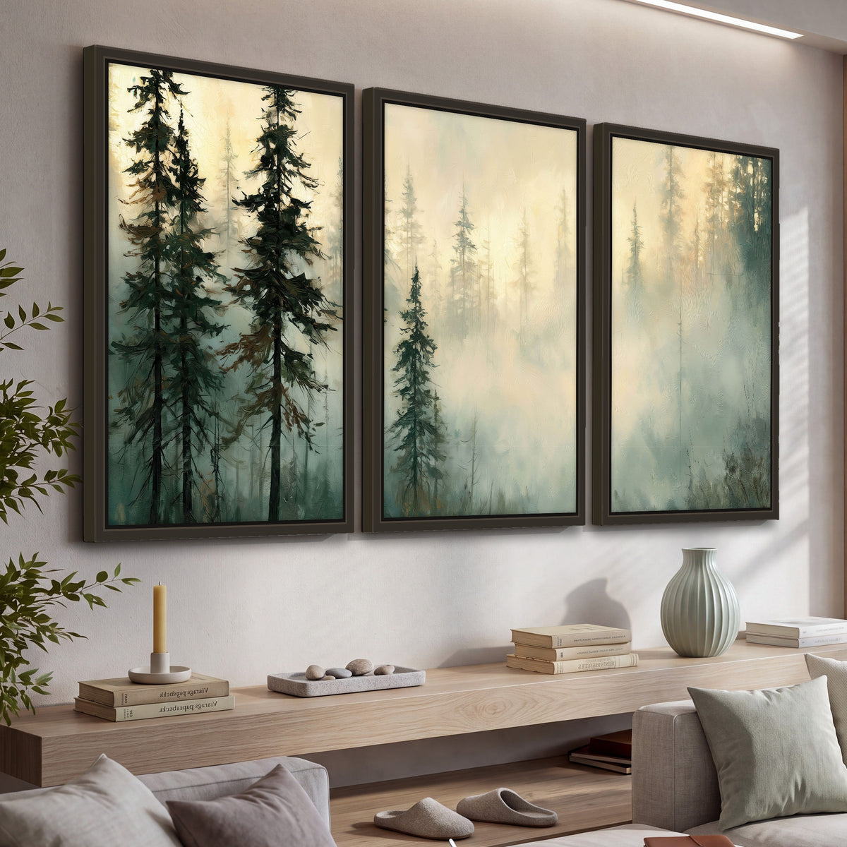 Foggy evergreen forest painting 3 piece framed canvas in a living room above a console