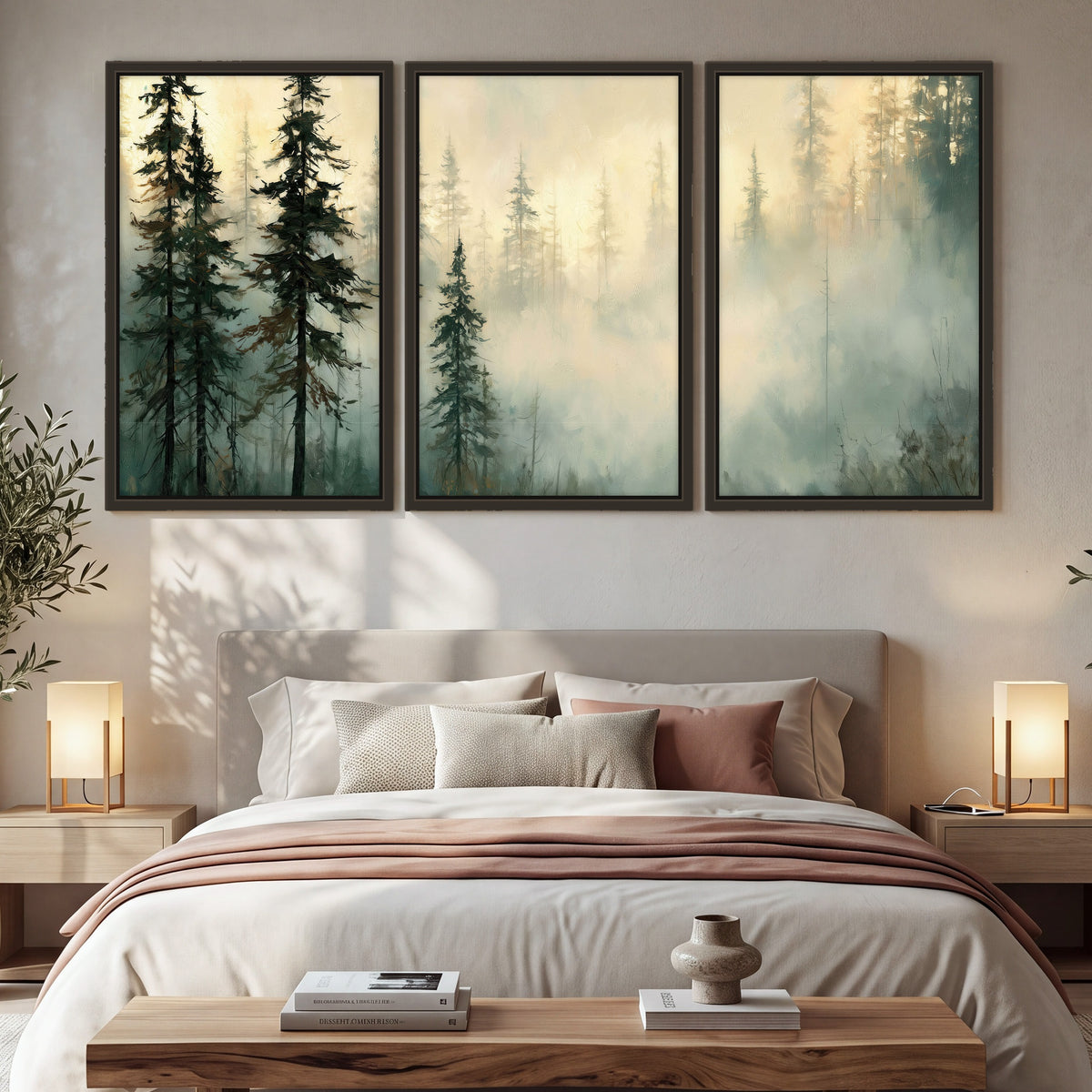 Foggy evergreen forest painting 3 piece framed canvas in a bedroom above the bed