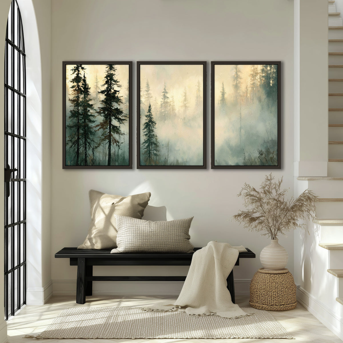 Foggy evergreen forest painting 3 piece framed canvas in an entryway above a bench