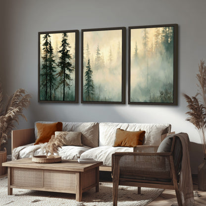 Foggy evergreen forest painting 3 piece framed canvas in a rustic living room