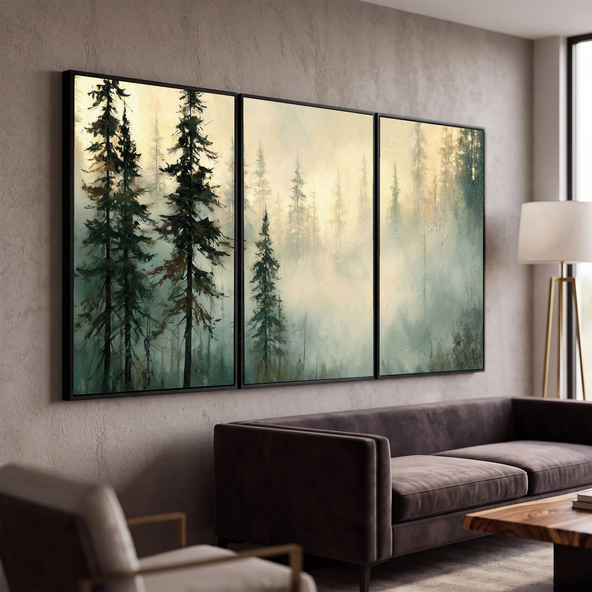 Foggy evergreen forest painting 3 piece framed canvas in a modern living room