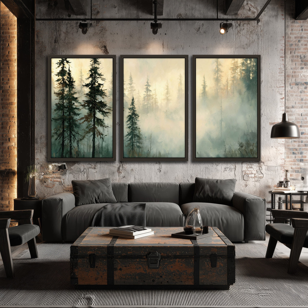 Foggy evergreen forest painting 3 piece framed canvas in an industrial loft