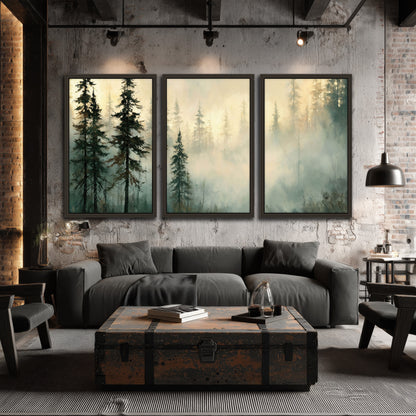 Foggy evergreen forest painting 3 piece framed canvas in an industrial loft