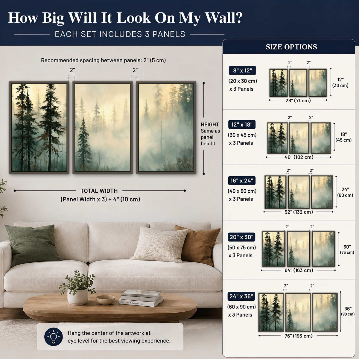 Foggy evergreen forest painting 3 piece framed canvas size guide above a sofa