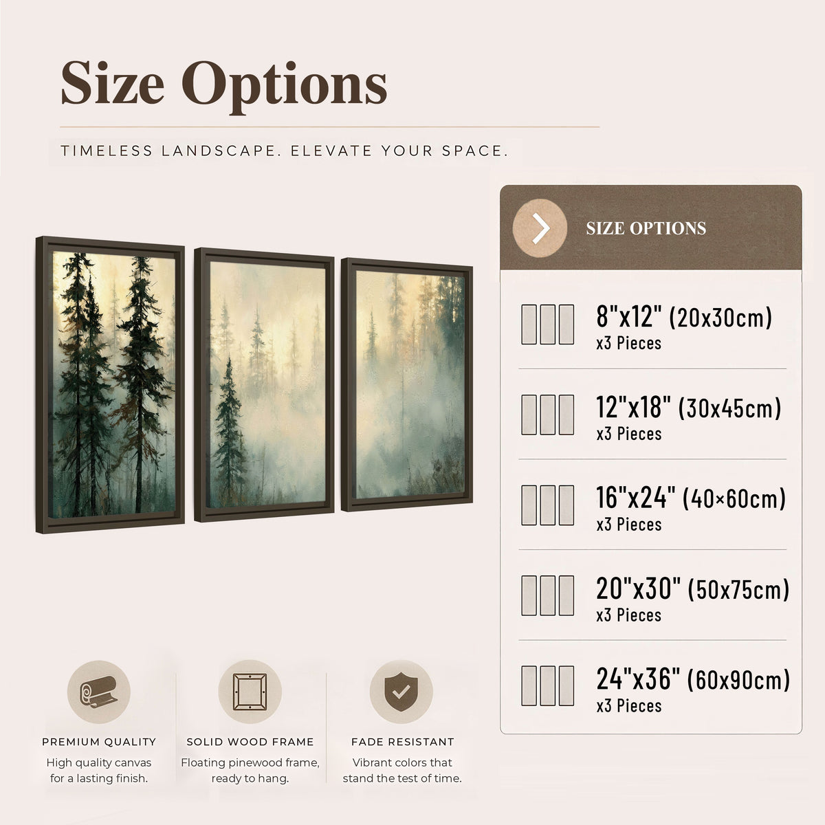 Foggy evergreen forest painting 3 piece framed canvas size options