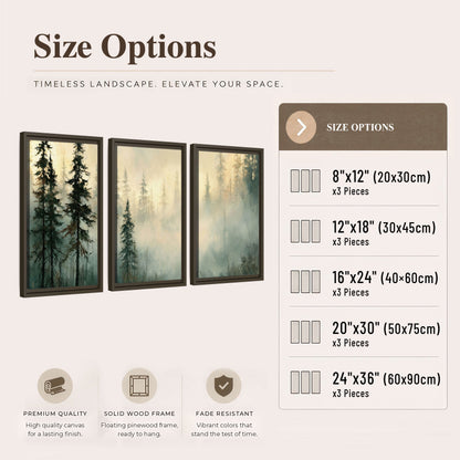 Foggy evergreen forest painting 3 piece framed canvas size options