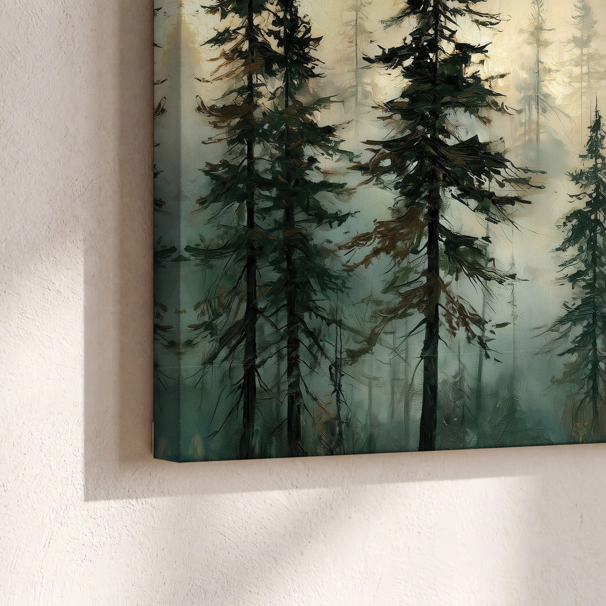Foggy evergreen forest painting canvas print close-up showing the gallery-wrapped edge