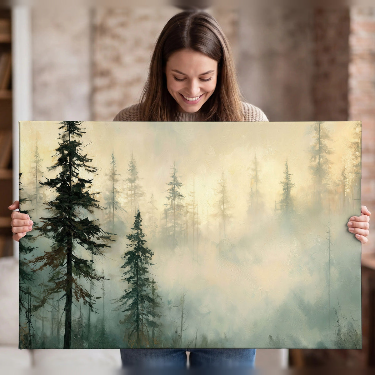 Foggy evergreen forest painting canvas wall art held in hands