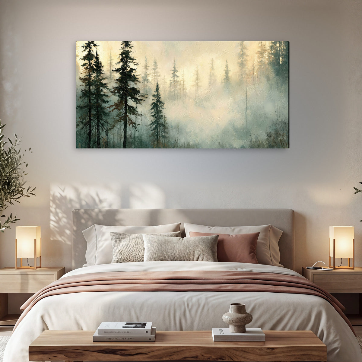 Foggy evergreen forest painting canvas wall art in a bedroom above the bed