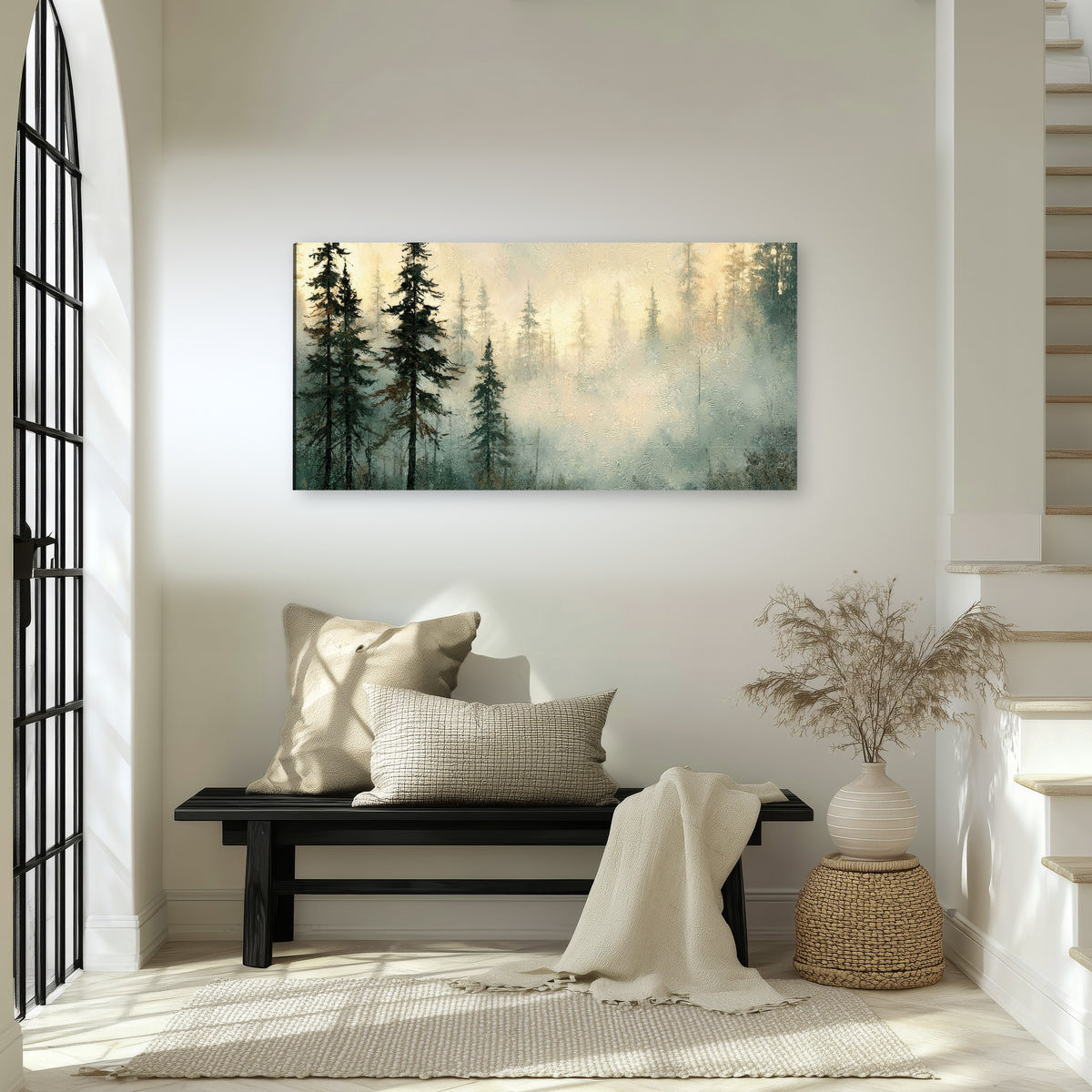 Foggy evergreen forest painting canvas wall art in an entryway above a bench