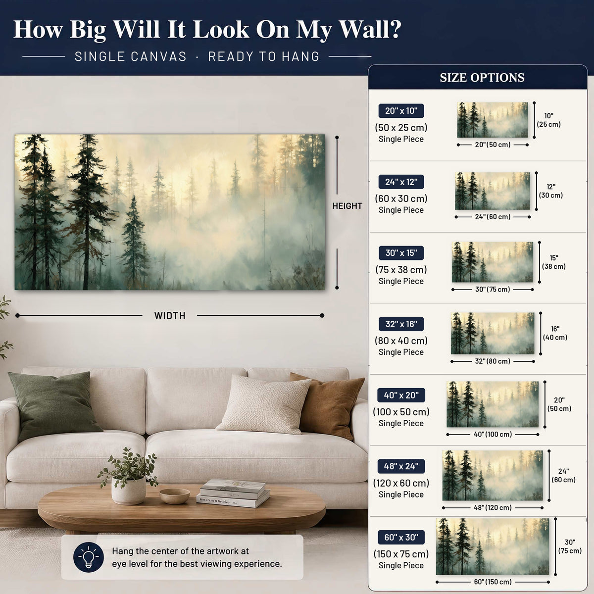 Foggy evergreen forest painting canvas wall art size guide above a sofa