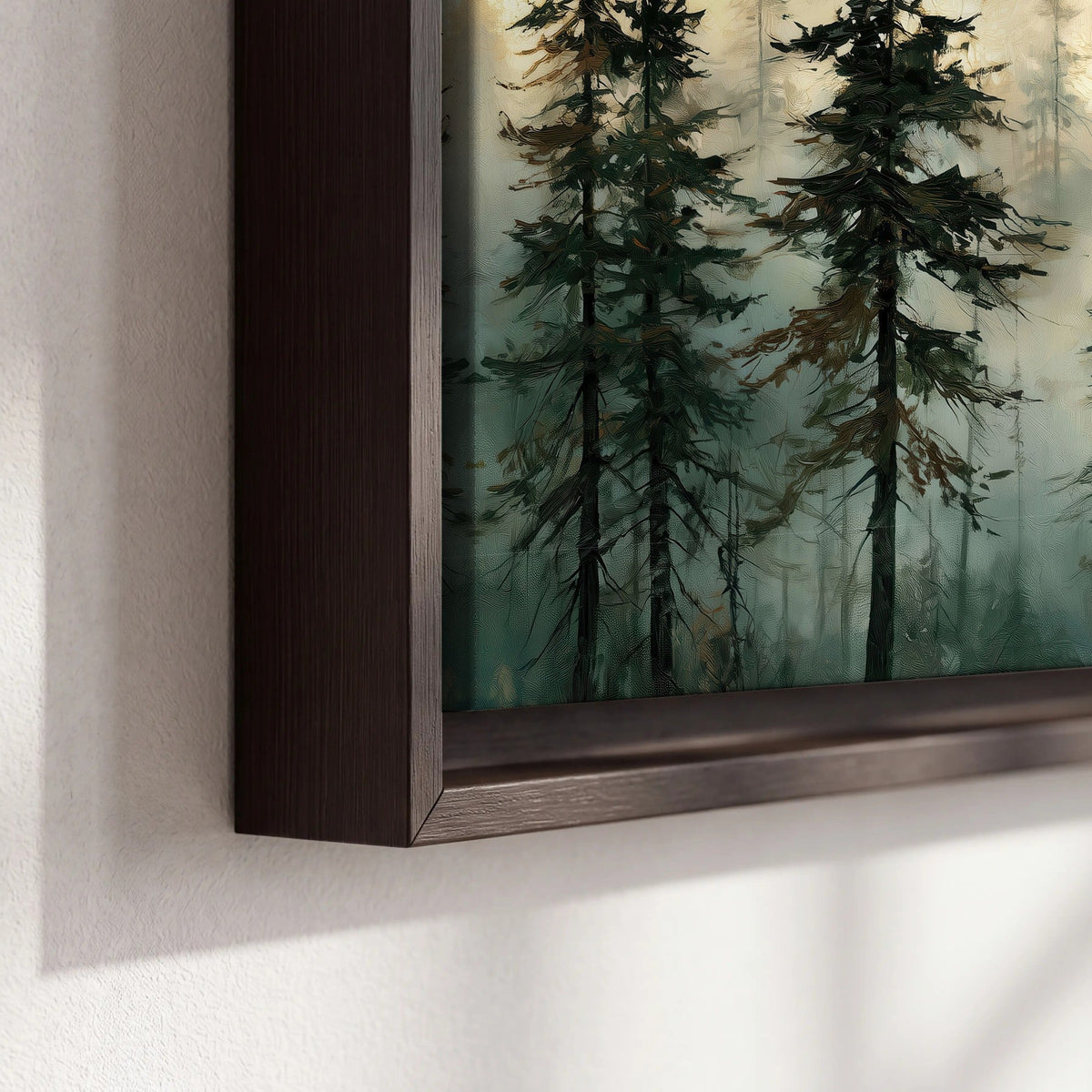 Foggy evergreen forest painting framed canvas close-up showing the floating frame