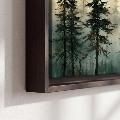 Foggy evergreen forest painting framed canvas close-up showing the floating frame