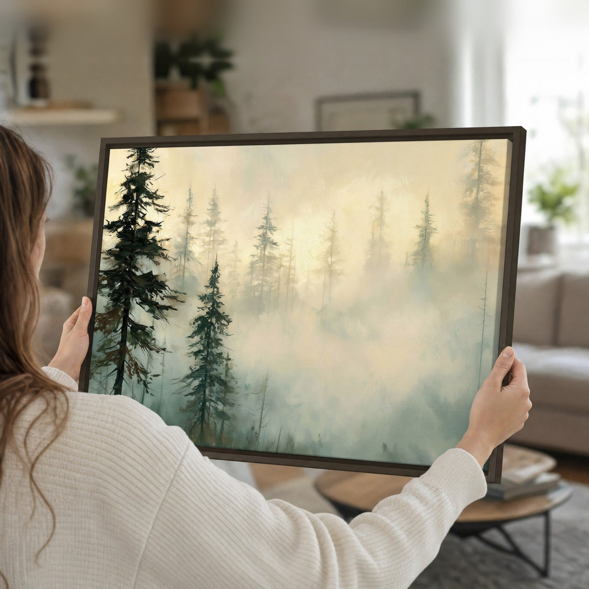 Foggy evergreen forest painting framed canvas held in hands