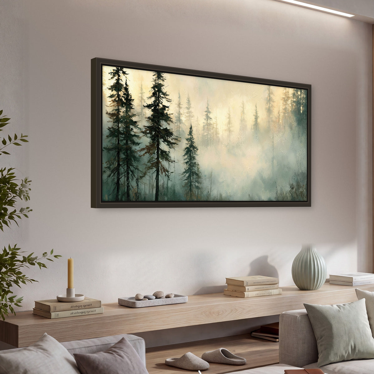 Foggy evergreen forest painting framed canvas wall art in a living room above a console