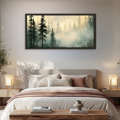 Foggy evergreen forest painting framed canvas wall art in a bedroom above the bed