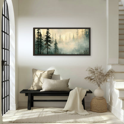 Foggy evergreen forest painting framed canvas wall art in an entryway above a bench