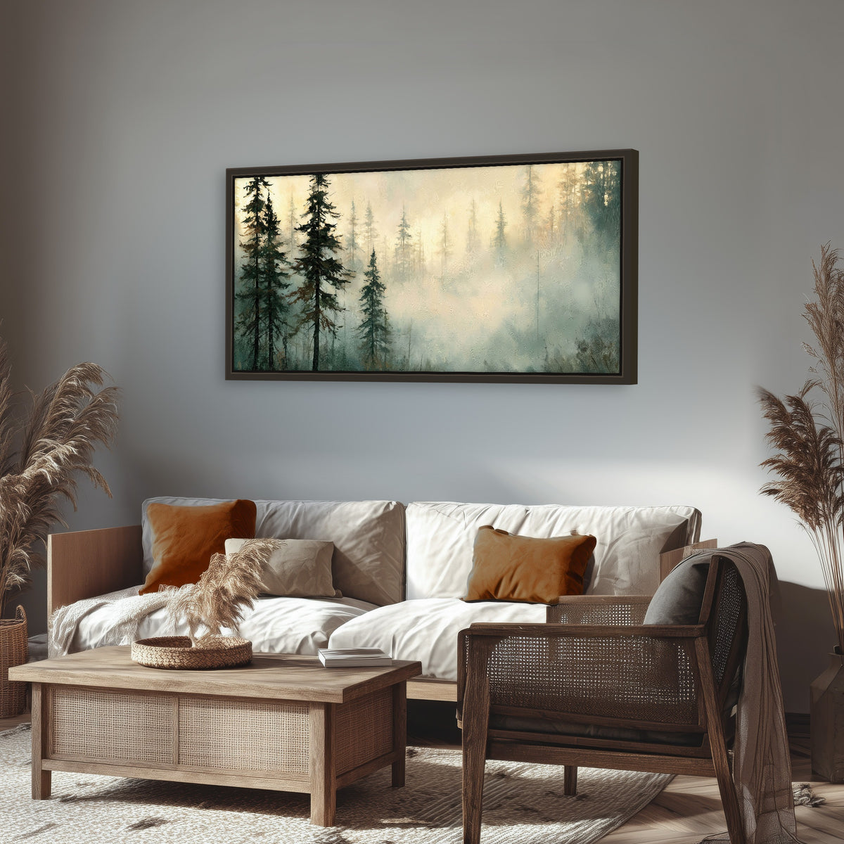 Foggy evergreen forest painting framed canvas wall art in a rustic living room