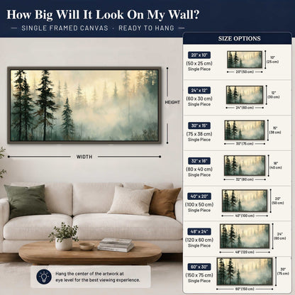 Foggy evergreen forest painting framed canvas wall art size guide above a sofa