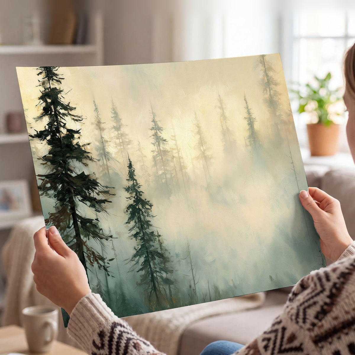 Foggy evergreen forest painting poster print held in hands