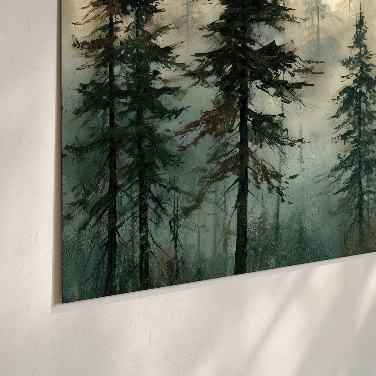 Foggy evergreen forest painting poster print close-up on matte paper