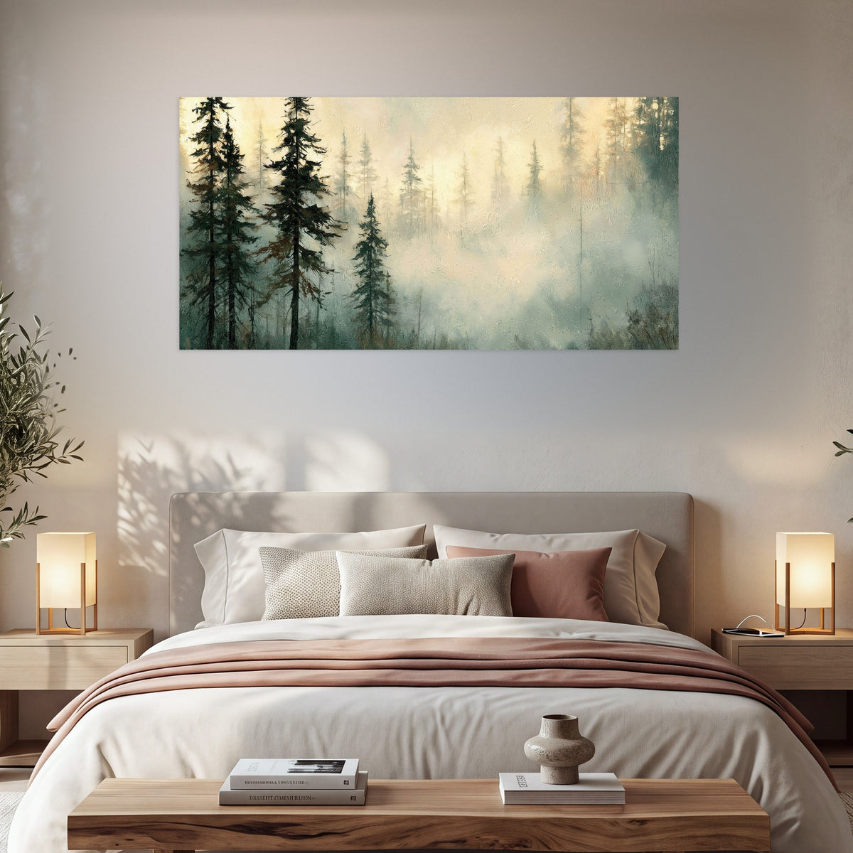 Foggy evergreen forest painting poster print in a bedroom above the bed