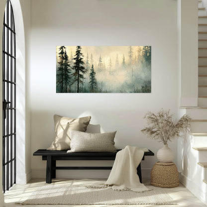 Foggy evergreen forest painting poster print in an entryway above a bench