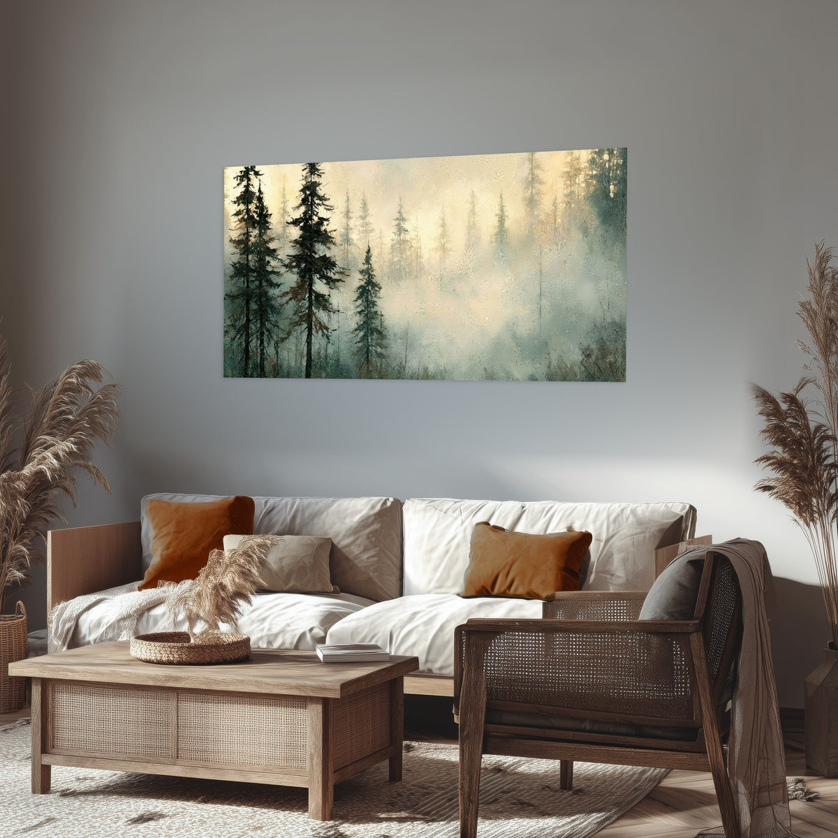 Foggy evergreen forest painting poster print in a rustic living room