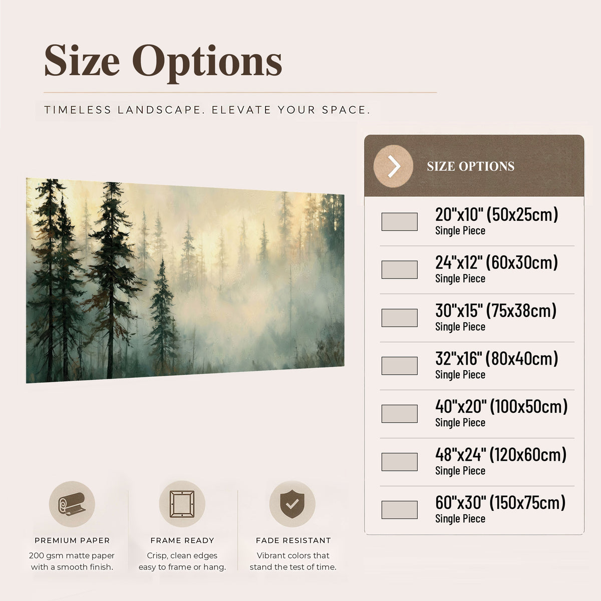 Foggy evergreen forest painting poster print size options