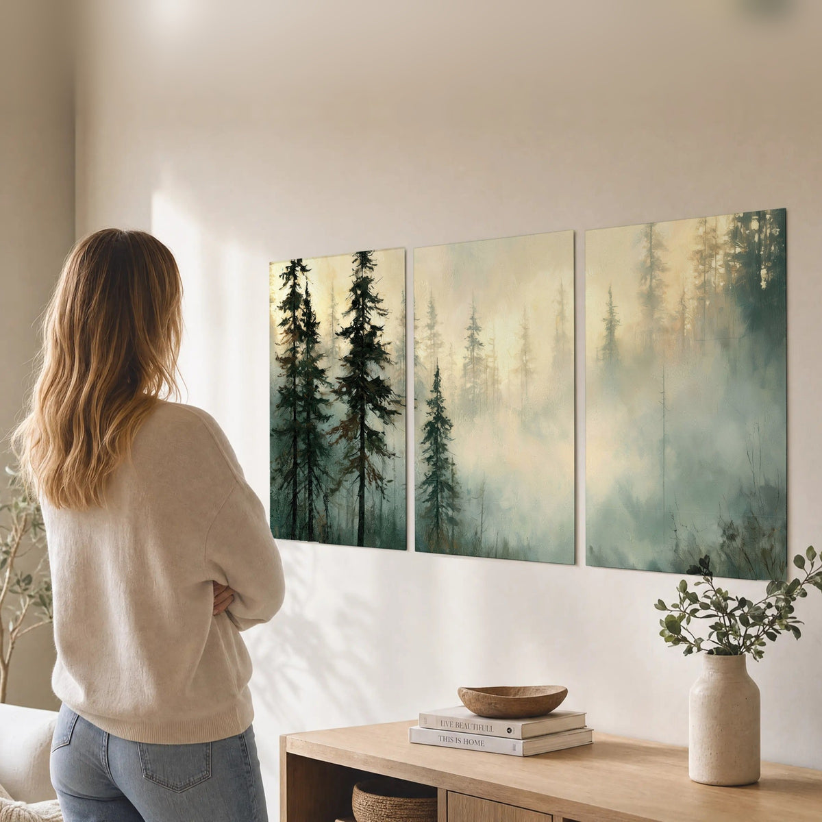 Foggy evergreen forest painting set of 3 poster prints in a living room