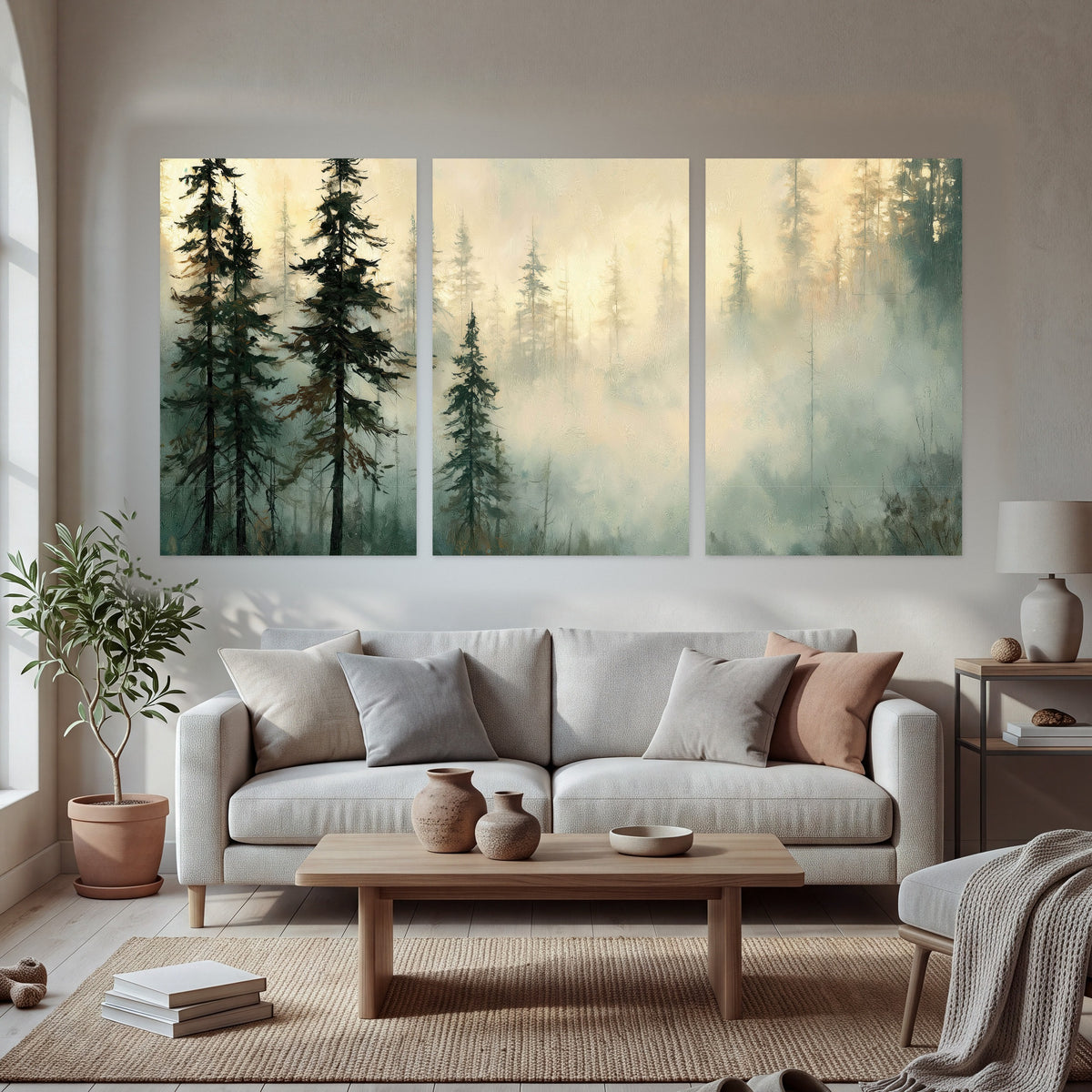 Foggy evergreen forest painting set of 3 poster prints in a bright living room