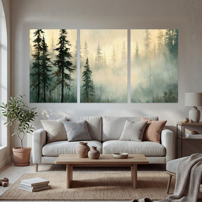 Foggy evergreen forest painting set of 3 poster prints in a bright living room