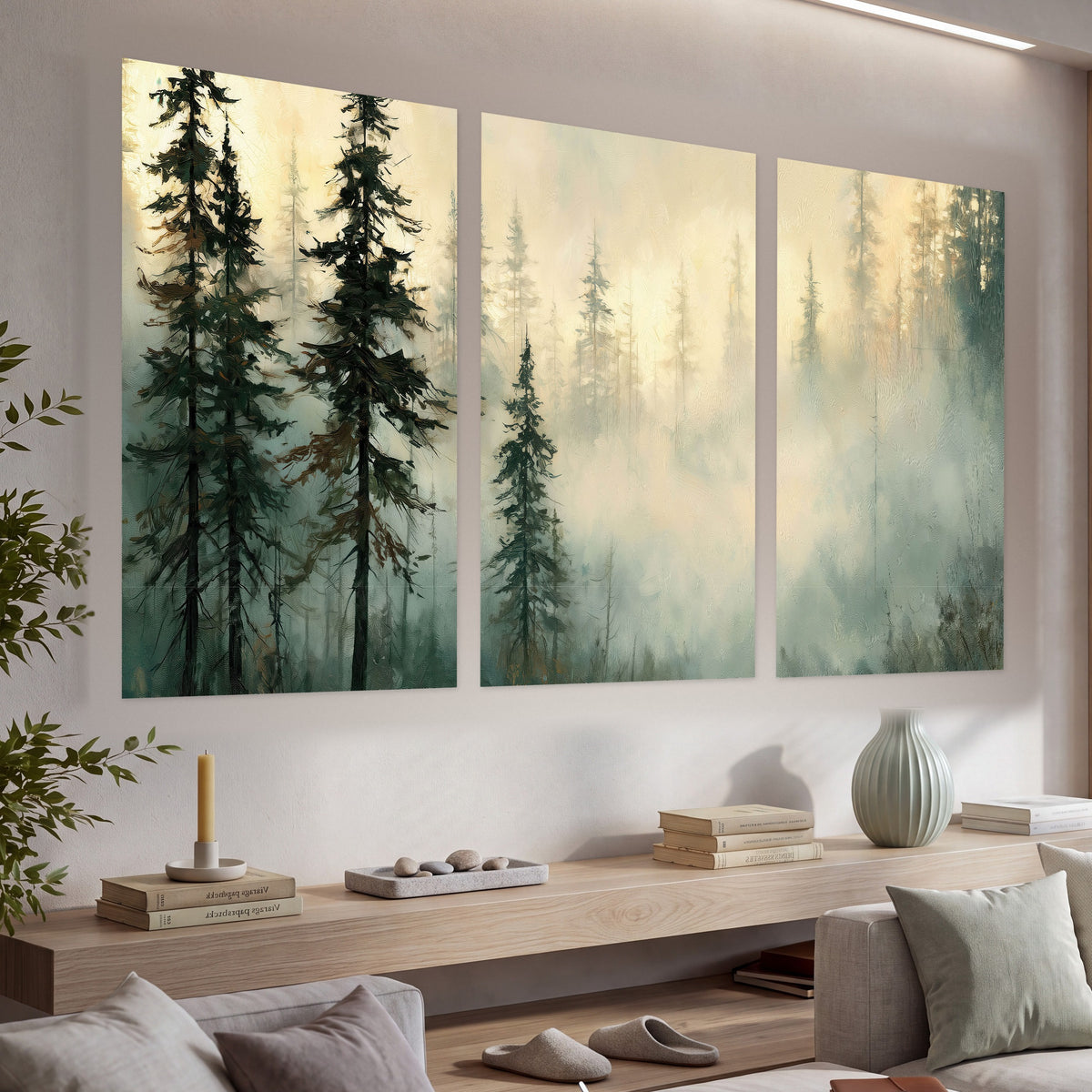 Foggy evergreen forest painting set of 3 poster prints in a living room above a console