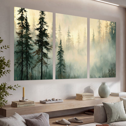 Foggy evergreen forest painting set of 3 poster prints in a living room above a console