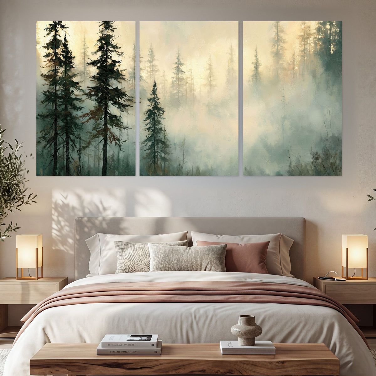 Foggy evergreen forest painting set of 3 poster prints in a bedroom above the bed
