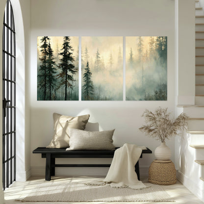Foggy evergreen forest painting set of 3 poster prints in an entryway above a bench