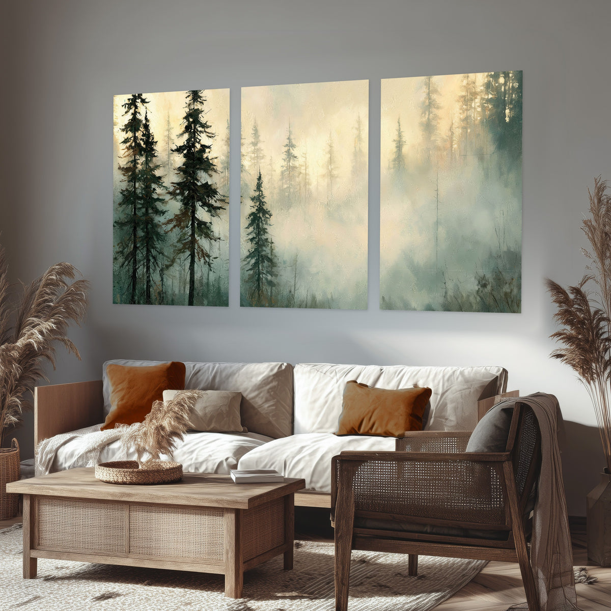 Foggy evergreen forest painting set of 3 poster prints in a rustic living room