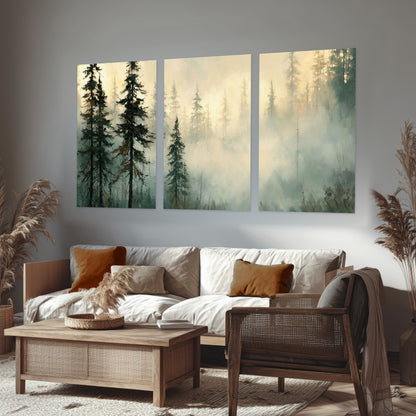 Foggy evergreen forest painting set of 3 poster prints in a rustic living room