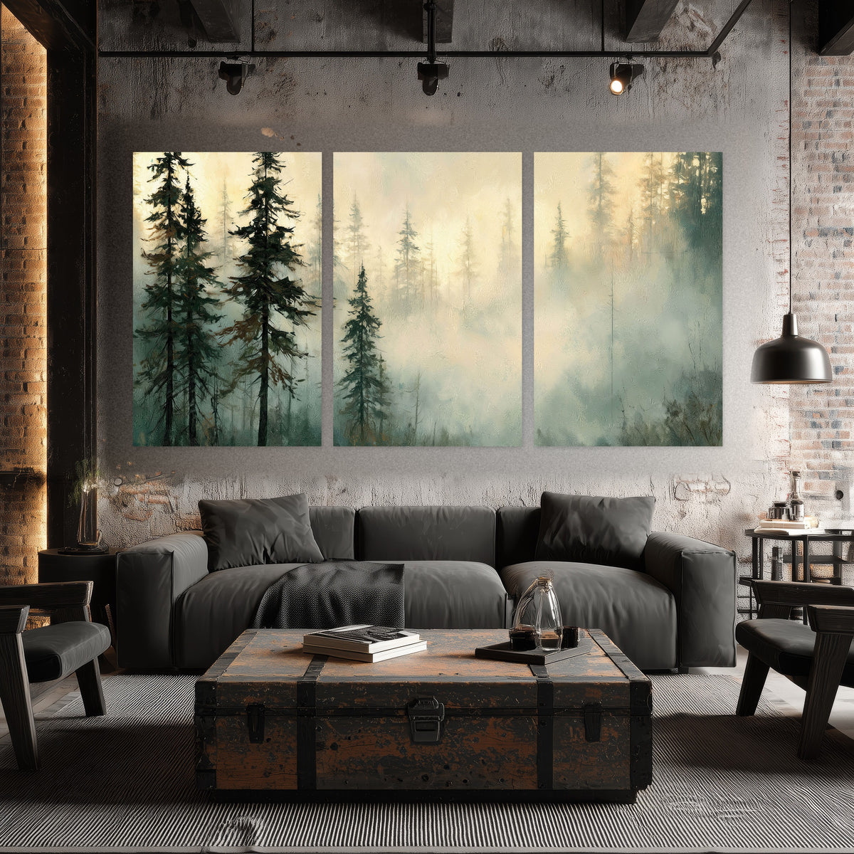 Foggy evergreen forest painting set of 3 poster prints in an industrial loft
