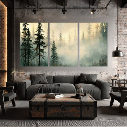 Foggy evergreen forest painting set of 3 poster prints in an industrial loft