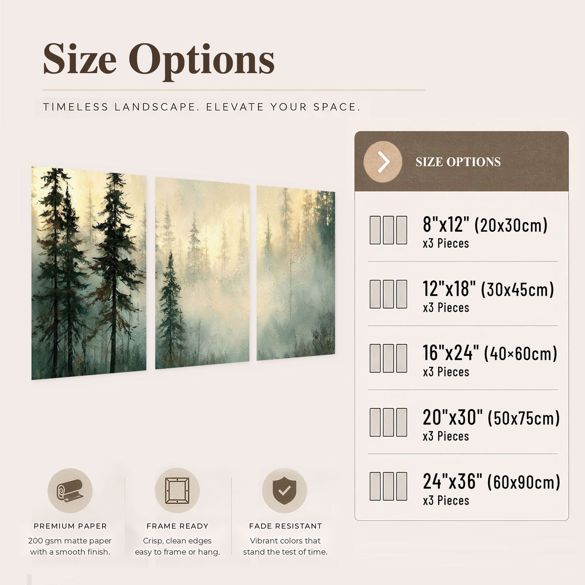 Foggy evergreen forest painting set of 3 poster prints size options