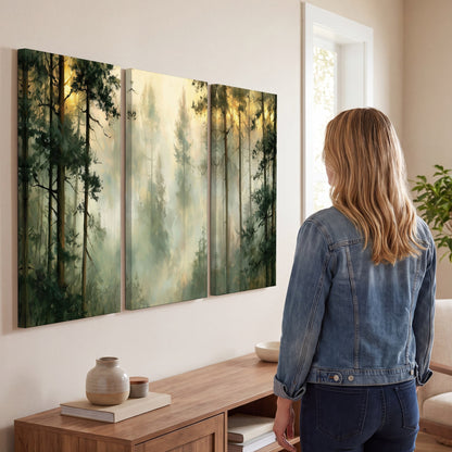 Golden misty pine forest painting 3 piece canvas wall art in a living room
