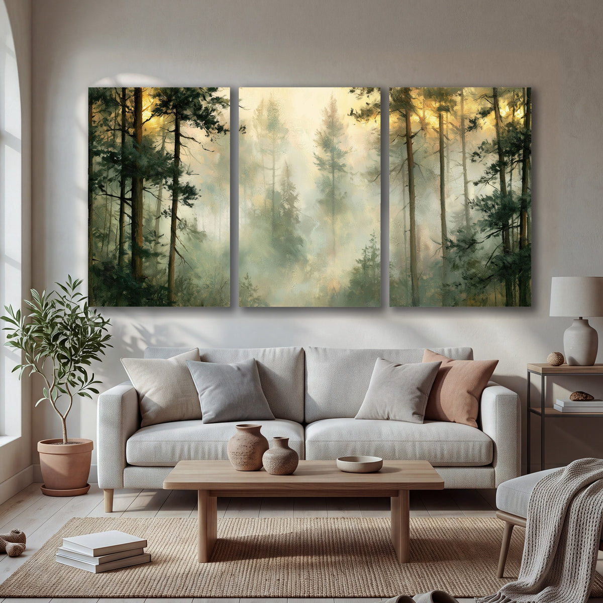 Golden misty pine forest painting 3 piece canvas wall art in a bright living room