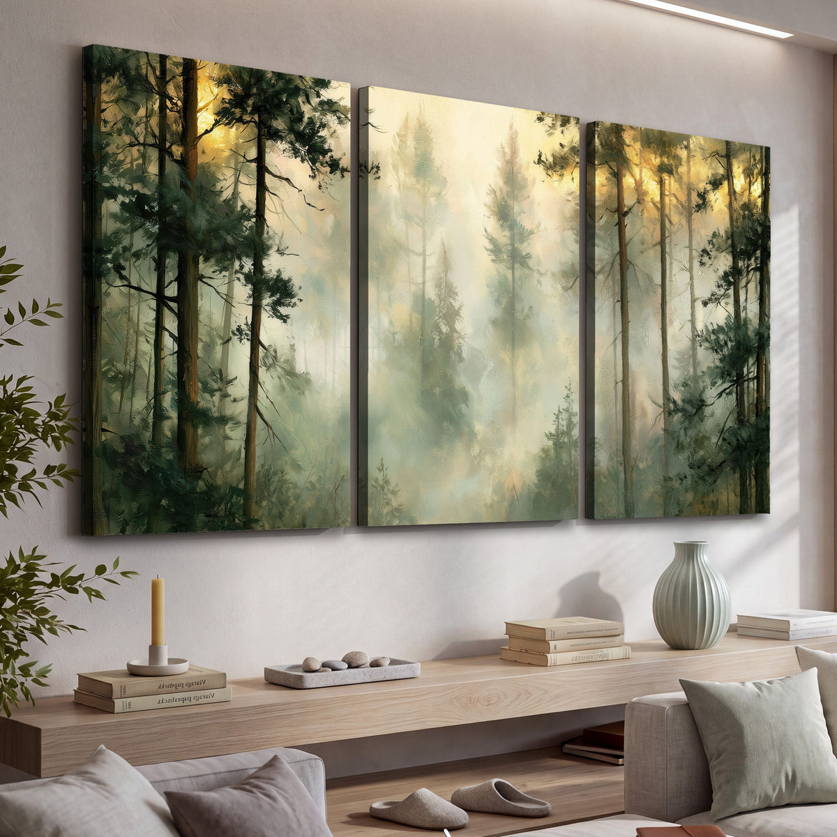 Golden misty pine forest painting 3 piece canvas wall art in a living room above a console