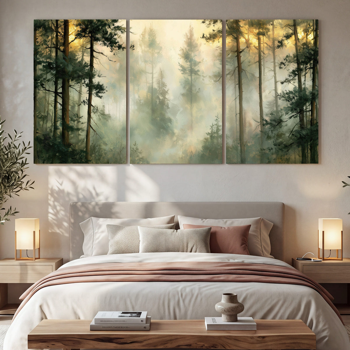 Golden misty pine forest painting 3 piece canvas wall art in a bedroom above the bed