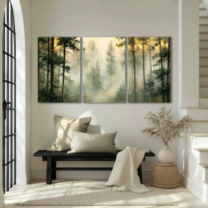 Golden misty pine forest painting 3 piece canvas wall art in an entryway above a bench