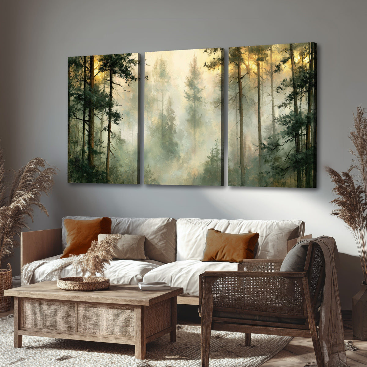 Golden misty pine forest painting 3 piece canvas wall art in a rustic living room