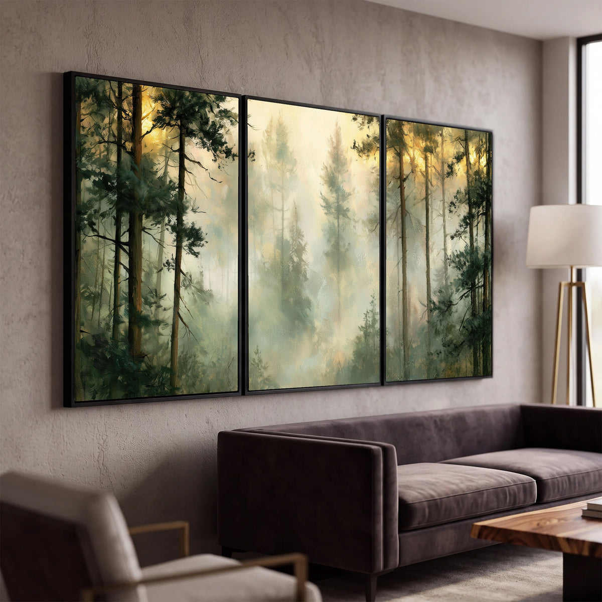 Golden misty pine forest painting 3 piece canvas wall art in a modern living room